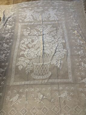 Large Vintage Crochet Lace Table Runner tablecloth with Floral and birds design